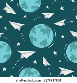 Seamless pattern of earth planets and paper planes. Simple vector illustration.