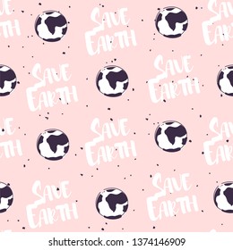 Seamless pattern with earth and text on pink background. Vector ecology banner.