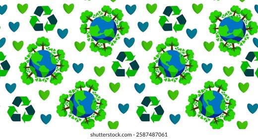 Seamless pattern Earth with trees recycling sign and hearts green and blue. World environment day or earth day. Minimal flat scribble drawing illustration isolated on white background for web, banner