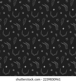 Seamless pattern of earth zodiac such as taurus, capricornus, virgo on dark background. Hand drawn vector illustration. Wraping paper horoscope. 