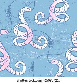 Seamless pattern with earthworms on fishing hooks/Ink hand drawn illustration about fishing
