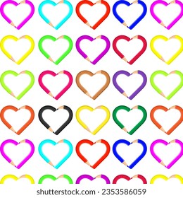 Seamless pattern earts of color curve pencils. Art and creativity, pack for drawing.Logo.Stationery for school and office. Cartoon flat collection.Vector illustration.