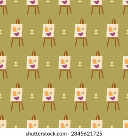 seamless pattern easel painter paint brush art on green background vector wallpaper textile giftwrap fabric