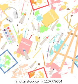 Seamless pattern with easel, paintings and drawing tools