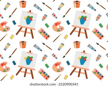 Seamless pattern with easel, paints and different brushes. Vector illustration for art studios, design, wrapping paper, textiles