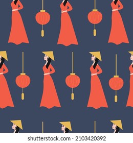 Seamless Pattern Of East Asian Elements Like Vietnamese Girl In A Vietnamese Hat And Paper Lamp  Of South East Asian Design. Vector Illustration 