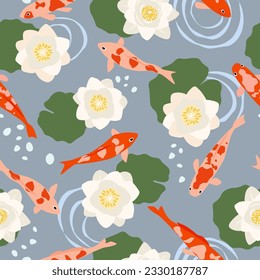 Seamless pattern with East Asian ornament. The fish swims in the lake, the flowers of the water lily, lotus. Vector graphics.