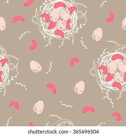 Seamless  pattern with easter. All elements are not cropped and hidden under mask. 
Vector background with birds' nests, eggs spotted, blades of grass, willow twigs and feathers.
