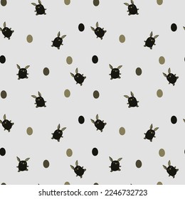 Seamless pattern. Easter background. Kawaii  black easter rabbit and eggs.