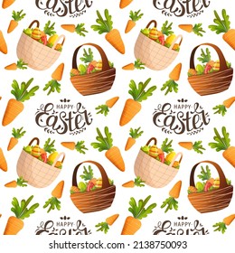 Seamless pattern with Easter basket, colored eggs, carrot and Happy Easter lettering. Perfect for product design, wallpaper, scrapbooking, textile, wrapping paper.