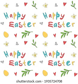 Seamless pattern with Easter. Basket with eggs, flower and branch.