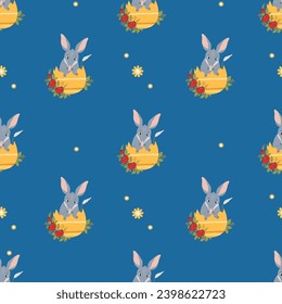 Seamless pattern Easter bilby. Cute Australian animal in egg on blue background. Vector illustration for design, wallpaper, packaging, textile.