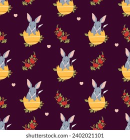 Seamless pattern Easter bilby. Cute Australian animal in egg with flowers on dark background. Vector illustration for design, wallpaper, packaging, textile