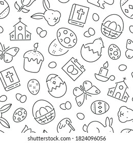 Seamless pattern with Easter. Black and white thin line icons