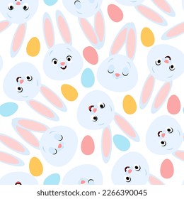 Seamless pattern Easter blue bunnies and colorful eggs