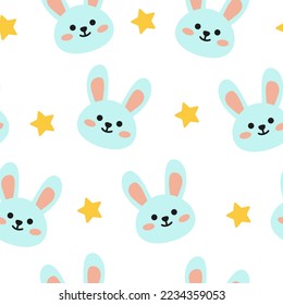 Seamless pattern Easter blue rabbits, bunnies with stars on a white background. Cute, kawaii vector illustration. Print for children's wallpaper, wrapping paper