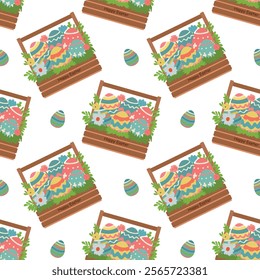 Seamless pattern, Easter, Box with Easter eggs, greenery, leaves, festive Easter basket, for fabric decoration, packaging, vector