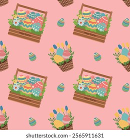  Seamless pattern, Easter, Box with Easter eggs, greenery, leaves, festive Easter basket, for fabric decoration, packaging, vector