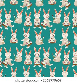 Seamless pattern Easter bunnies with baskets of colorful eggs - vector green background for packaging and fabric design