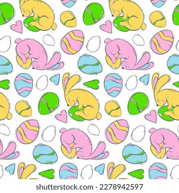 Seamless pattern with Easter bunnies and colored eggs. Spring holiday with a hare and a decorated egg. Vector illustration in flat style. Background for textiles and wrapping paper.