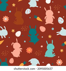 Seamless pattern of Easter bunnies and eggs. Cheerful festive spring children's print with flowers, funny animals, flowers. Vector graphics.