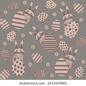 Seamless pattern with easter bunnies, eggs, flowers on dark  background. Geometric, stylized, simple