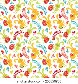 Seamless pattern of Easter bunnies with Easter eggs