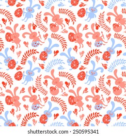 Seamless pattern of Easter bunnies with Easter eggs