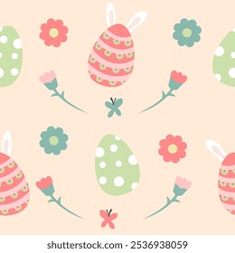 Patrón sin fisuras de conejos de Pascua, huevos y flores. Gráficos de Vector.