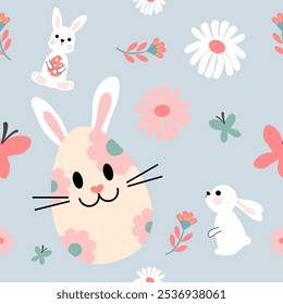 Seamless pattern of Easter bunnies, eggs, and flowers. Vector graphics.
