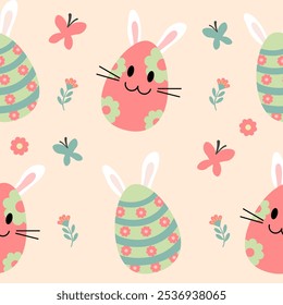 Seamless pattern of Easter bunnies, eggs, and flowers. Vector graphics.