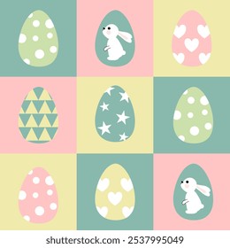 Seamless pattern of Easter bunnies, eggs, and flowers. Vector graphics.