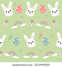 Seamless pattern of Easter bunnies, eggs, and flowers. Vector graphics.