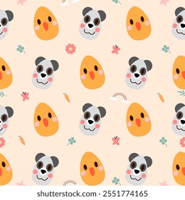 Seamless pattern of Easter bunnies, eggs, and flowers. Vector graphics.