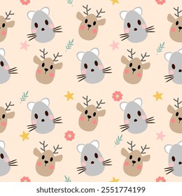 Seamless pattern of Easter bunnies, eggs, and flowers. Vector graphics.