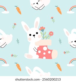 Seamless pattern of Easter bunnies, eggs, and flowers. Vector graphics.