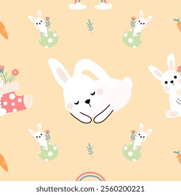 Seamless pattern of Easter bunnies, eggs, and flowers. Vector graphics.