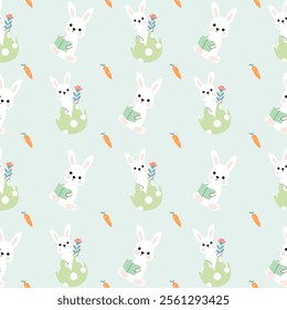 Seamless pattern of Easter bunnies, eggs, and flowers. Vector graphics.