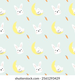 Seamless pattern of Easter bunnies, eggs, and flowers. Vector graphics.