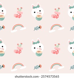 Seamless pattern of Easter bunnies, eggs, and flowers. Vector graphics.