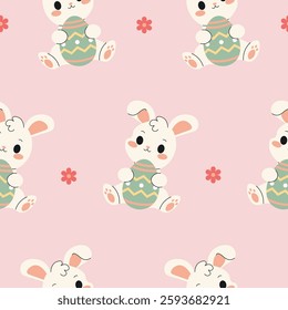 Seamless pattern of Easter bunnies with eggs and flowers, perfect for holiday, spring, and festive design projects.