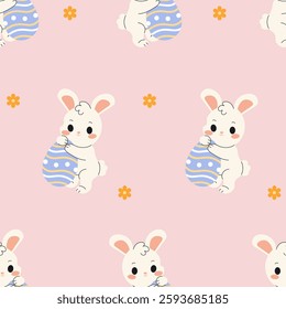 Seamless pattern of Easter bunnies with eggs and yellow flowers, perfect for holiday, spring, and festive design projects.