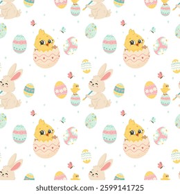 Seamless Pattern with Easter Bunnies and Eggs