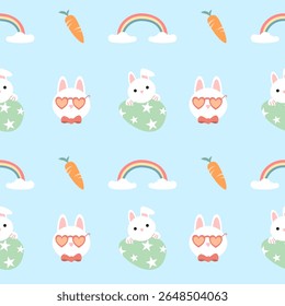 Seamless pattern of Easter bunnies, eggs, and flowers. Vector graphics.
