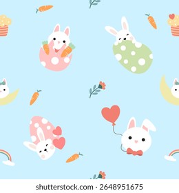 Seamless pattern of Easter bunnies, eggs, and flowers. Vector graphics.