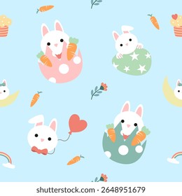 Seamless pattern of Easter bunnies, eggs, and flowers. Vector graphics.
