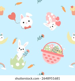 Seamless pattern of Easter bunnies, eggs, and flowers. Vector graphics.
