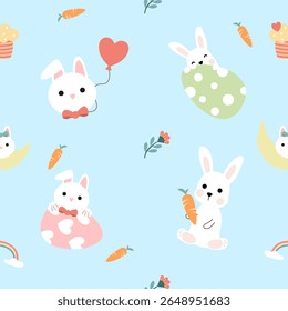 Seamless pattern of Easter bunnies, eggs, and flowers. Vector graphics.