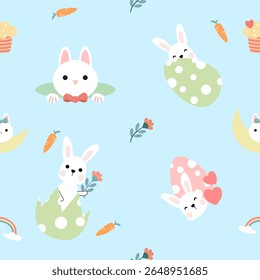 Seamless pattern of Easter bunnies, eggs, and flowers. Vector graphics.