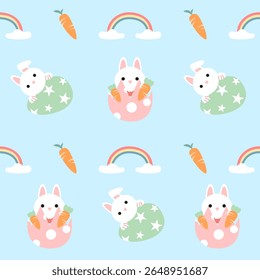 Seamless pattern of Easter bunnies, eggs, and flowers. Vector graphics.